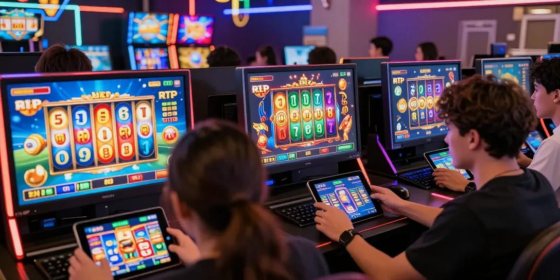Players enjoying interactive slot games with real-time RTP data displayed in a vibrant gaming setup.