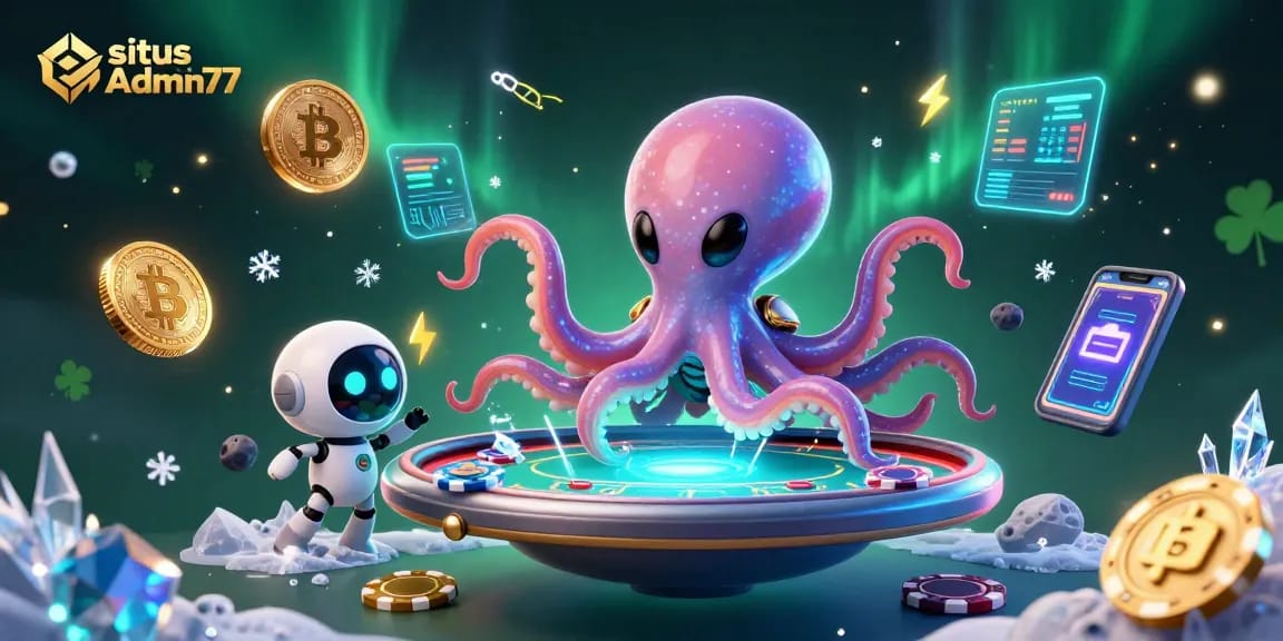 Situs Admin77 showcases a vibrant 3D alien octopus at a holographic poker table, surrounded by crypto coins.
