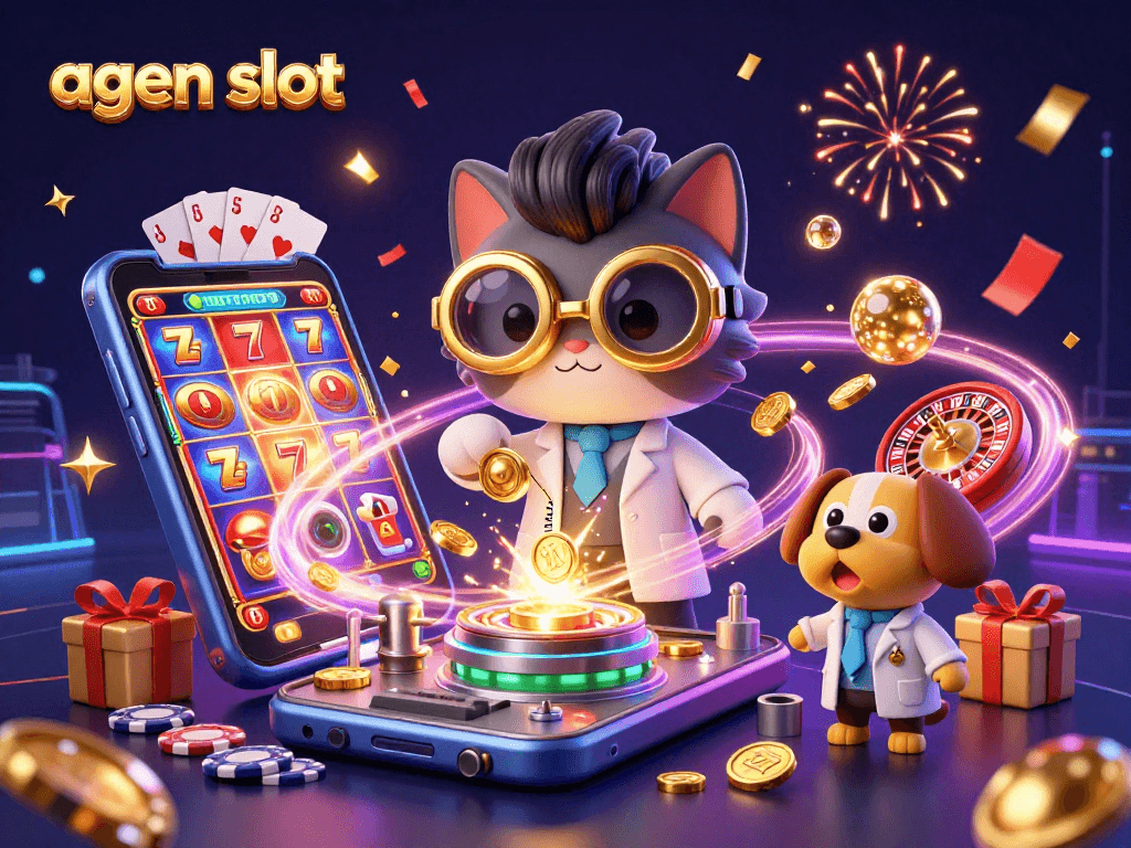 Visualisasi 3D interaktif agen slot dengan kucing ilmuwan dan anjing asistennya, menampilkan simbol jackpot dan koin emas.