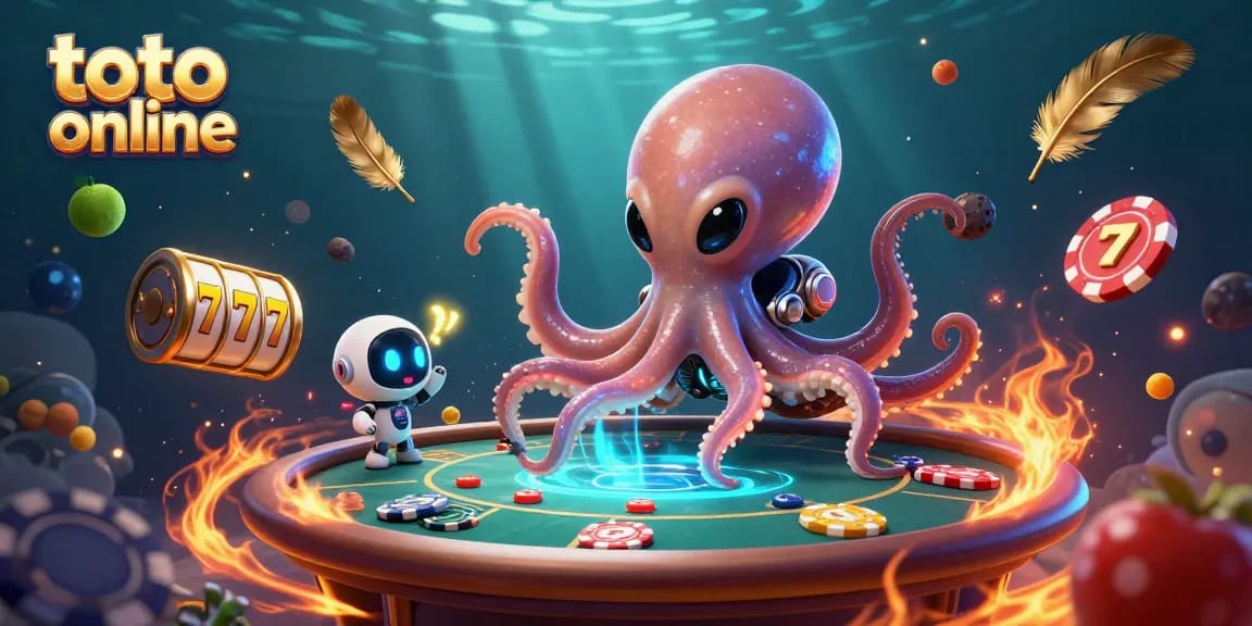 Bermain toto online dengan alien octopus 3D mengoperasikan tabel poker holografik di luar angkasa.
