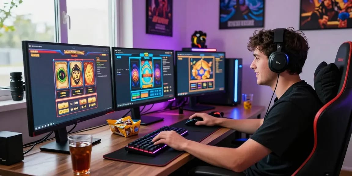 Exciting slot gaming atmosphere with a player enjoying dynamic online gameplay on multiple screens.