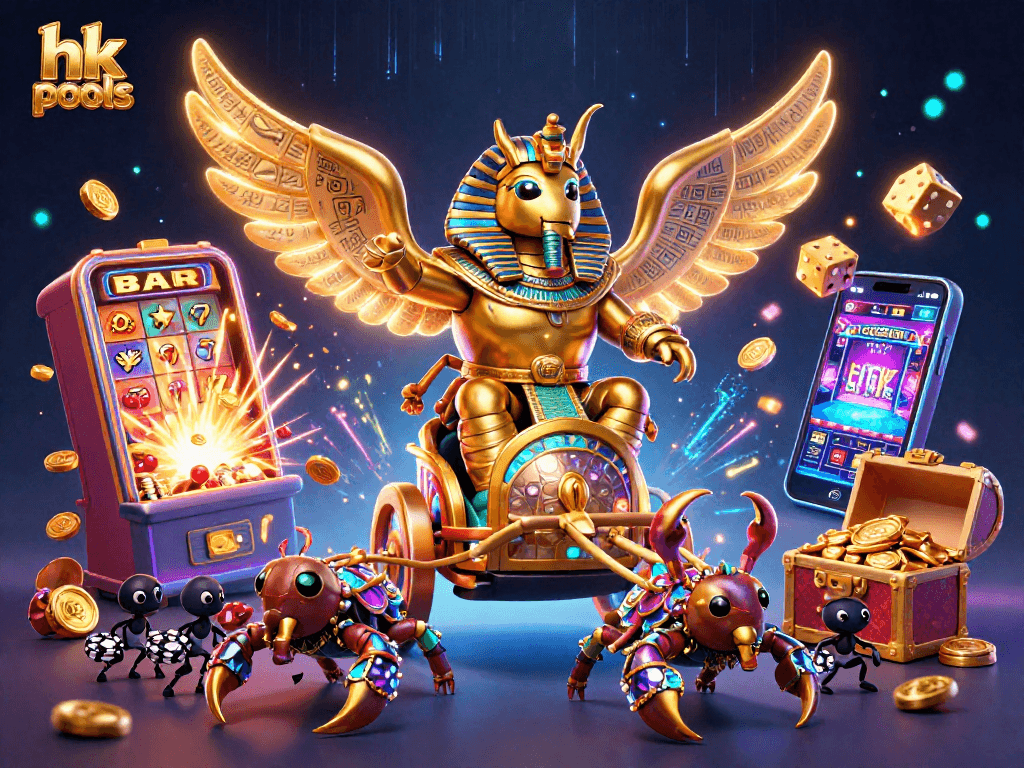 Permainan hk pools dengan scarab emas dan simbol kasino berkilau meriah.