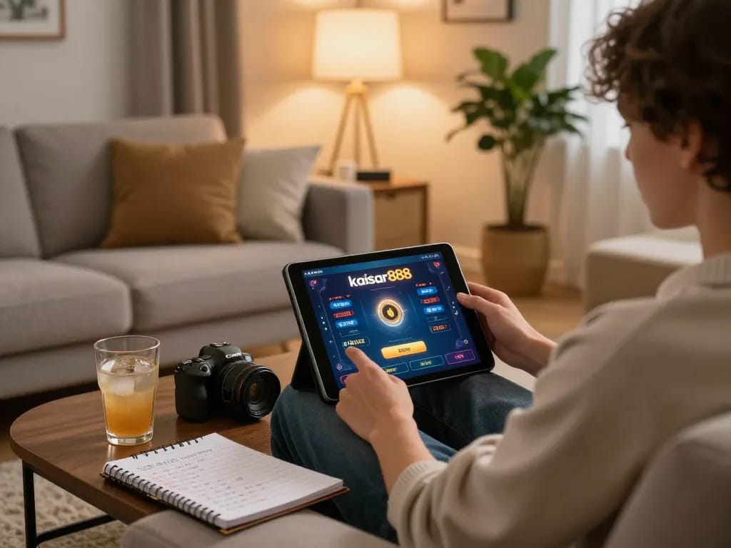 Kaisar888 online gaming experience on a tablet in a cozy setting, showcasing responsible gambling.