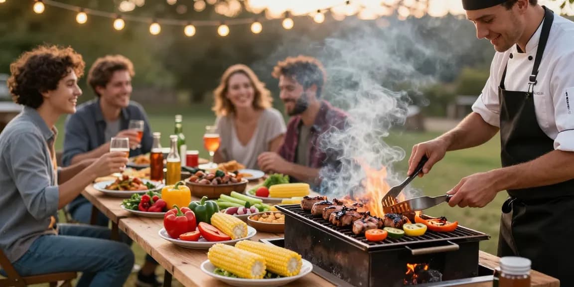 Pesta BBQ dengan variasi makanan dan kebahagiaan di sekitarnya, menampilkan BOS 88 dalam suasana grilling yang meriah.