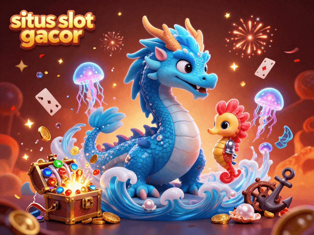 situs slot gacor showcases a dynamic underwater scene with a dragon, seahorse, and vibrant gaming elements.
