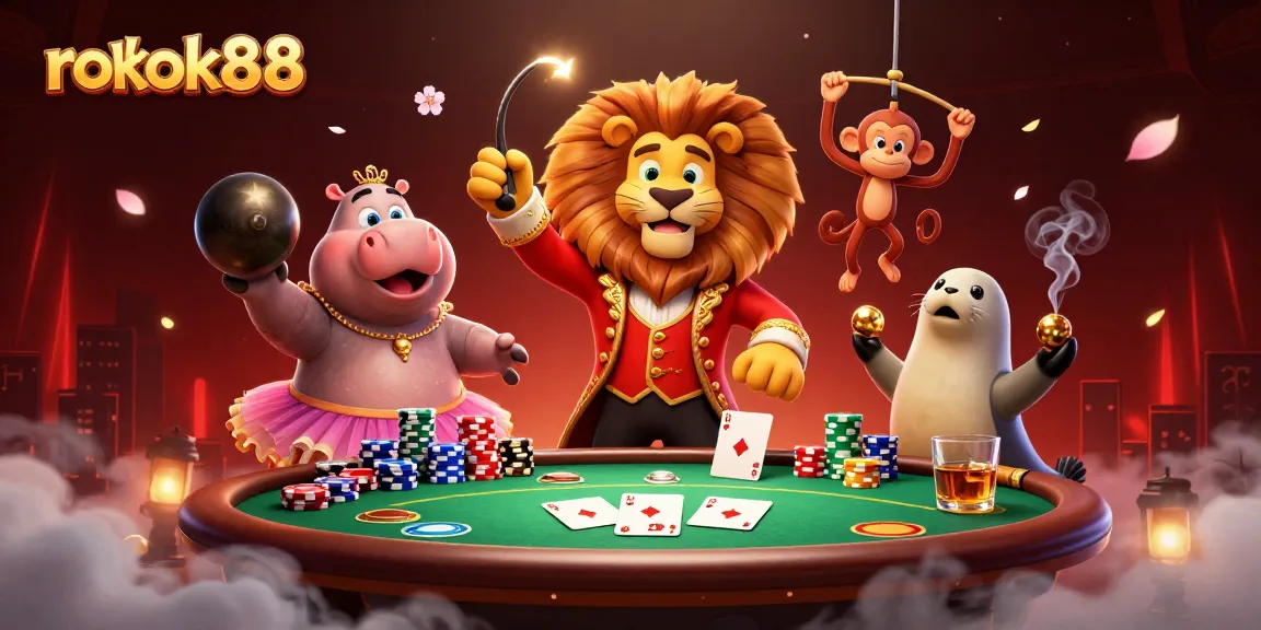 Experience thrilling gaming action with rokok88 in a vibrant 3D casino scene full of lively characters and poker elements.