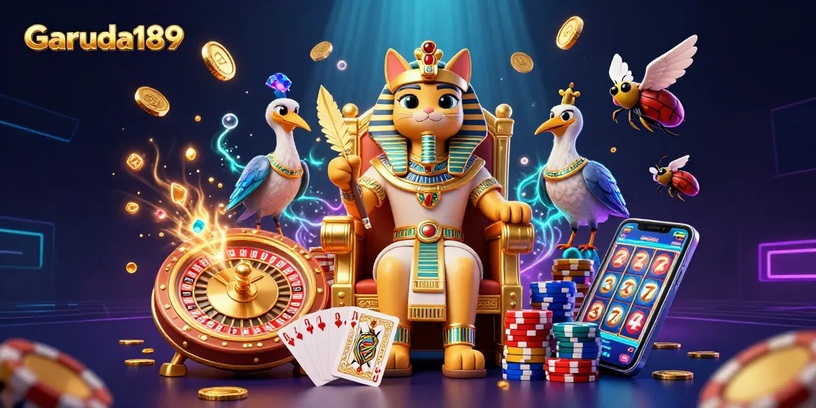 Experience Garuda189's vibrant online casino action with golden coins, cards, and spins!