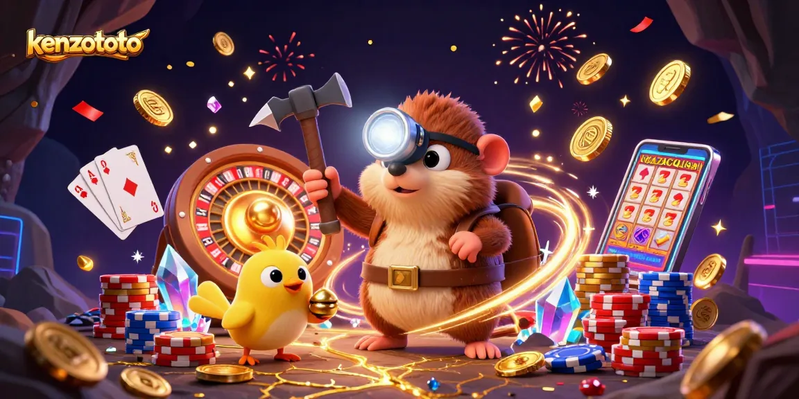 Bet and win with kenzototo while a cartoon mole mines treasure amidst cascading golden coins and roulette.