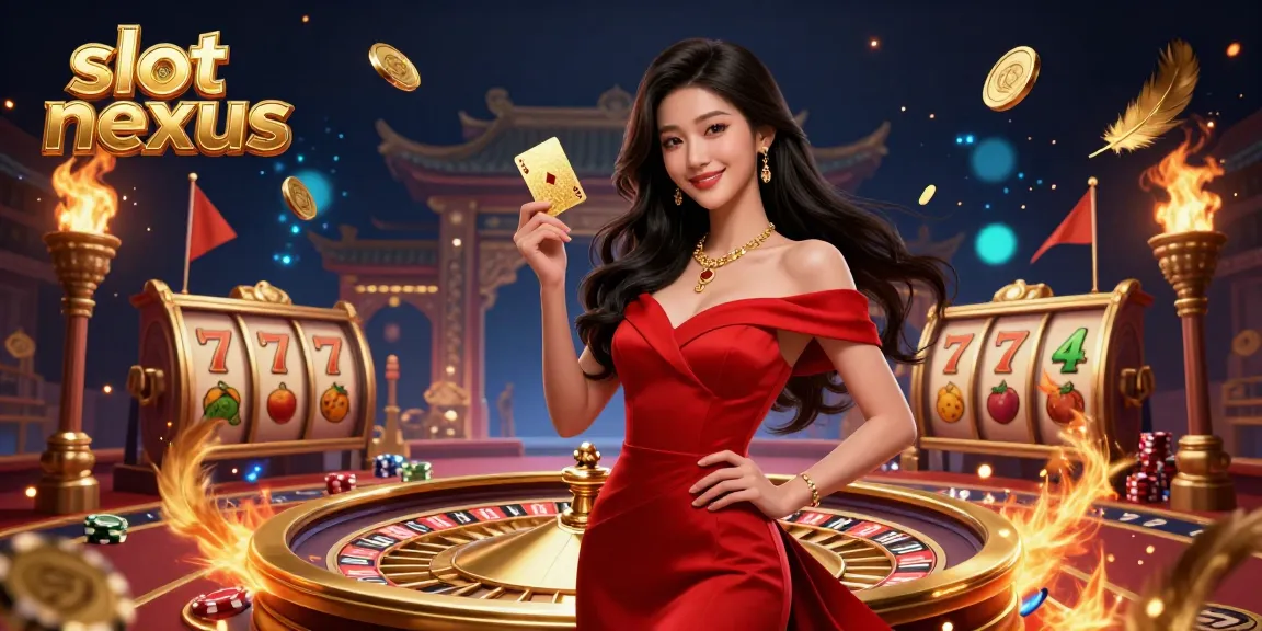 Experience the thrill of slot nexus with a beautiful woman holding a golden playing card next to a roulette wheel.