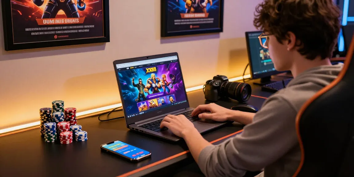 Dynamic online gaming experience with XX88 accessible on a laptop, surrounded by gaming tokens.