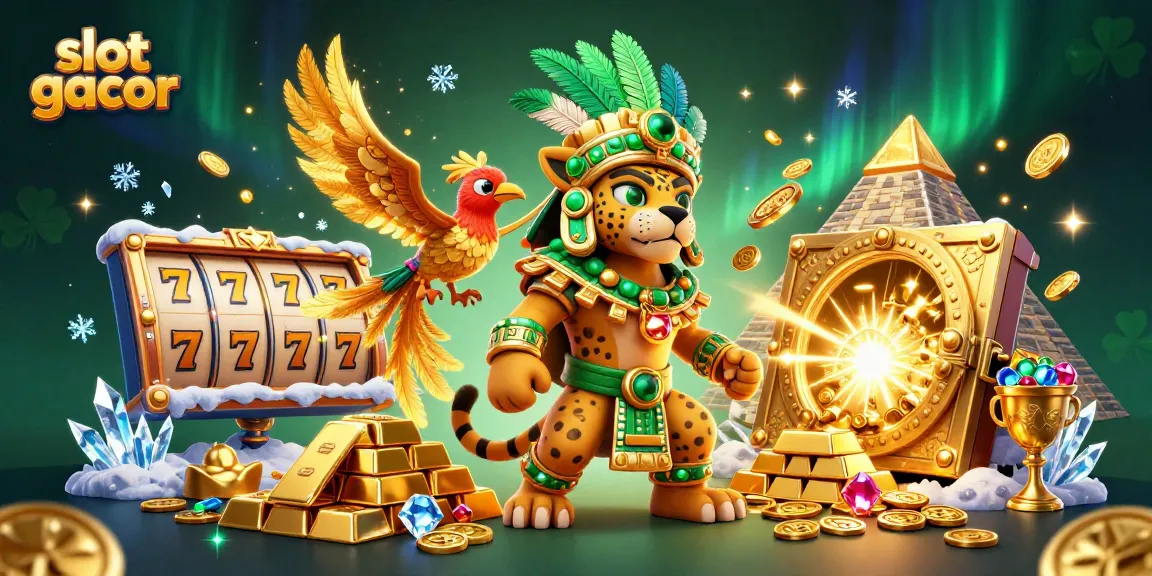 Play slot gacor with excitement amidst shining gold and dynamic game elements in a stunning 3D scene.