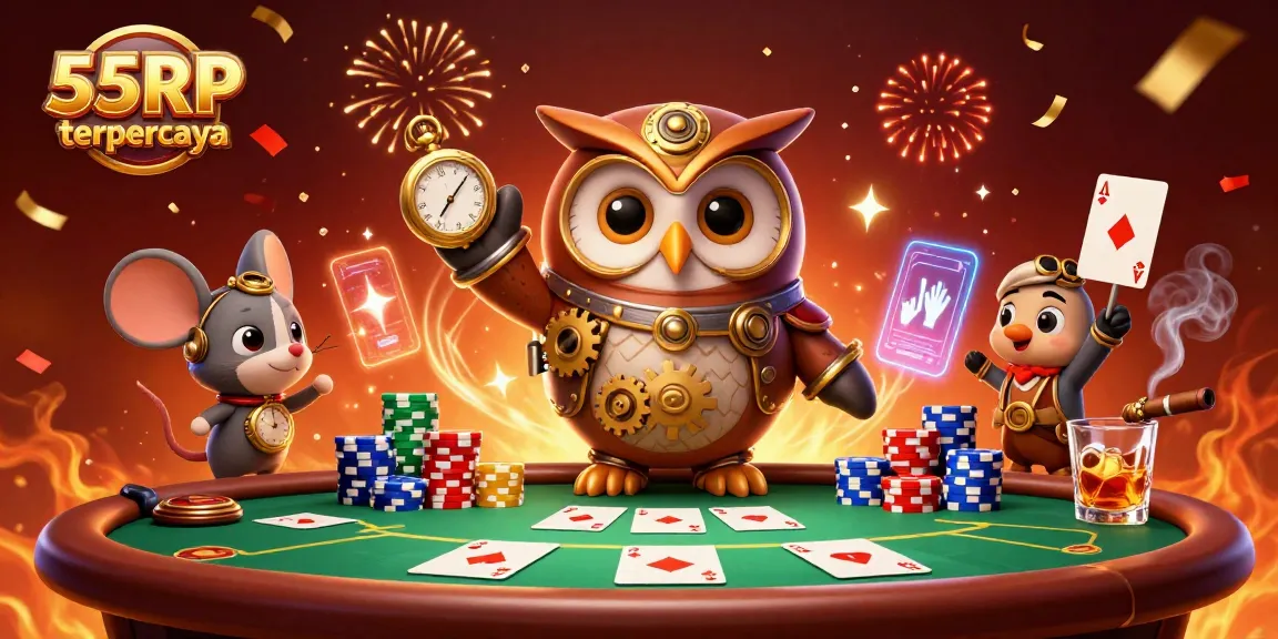 Winning big at 55RP terpercaya casino with engaging characters, vibrant poker elements, and dynamic visuals.