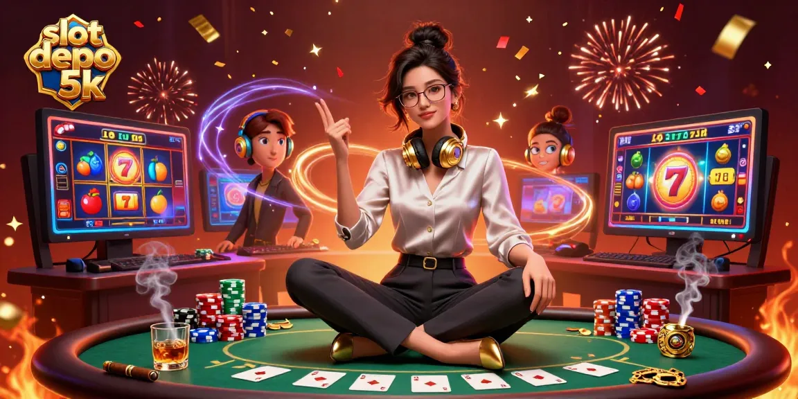 Terlibat dengan permainan slot yang mendebarkan di slot depo 5k, menampilkan gamer stylish dalam aksi.