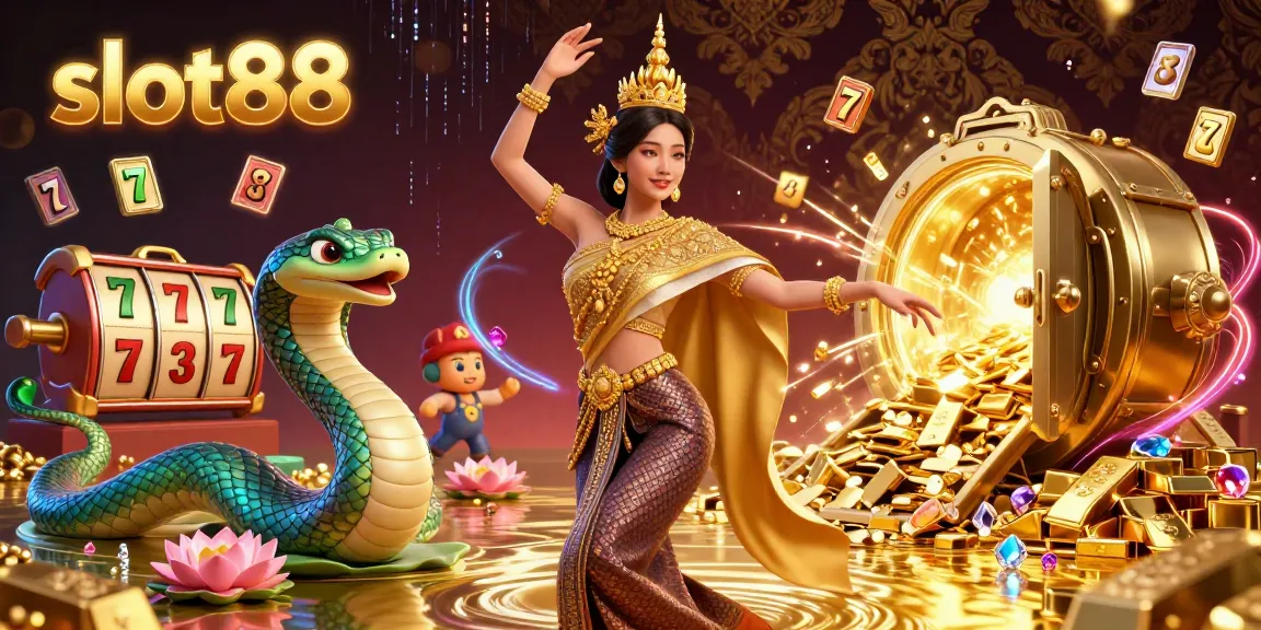 Experience slot88's thrilling vibes with a vibrant 3D scene filled with riches and gambling excitement.