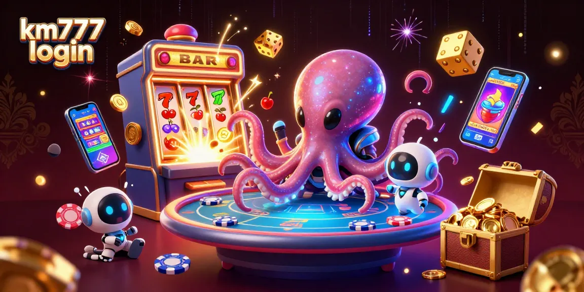 Join the excitement of km777 login with a vibrant scene of alien octopus gaming amidst dazzling casino elements.