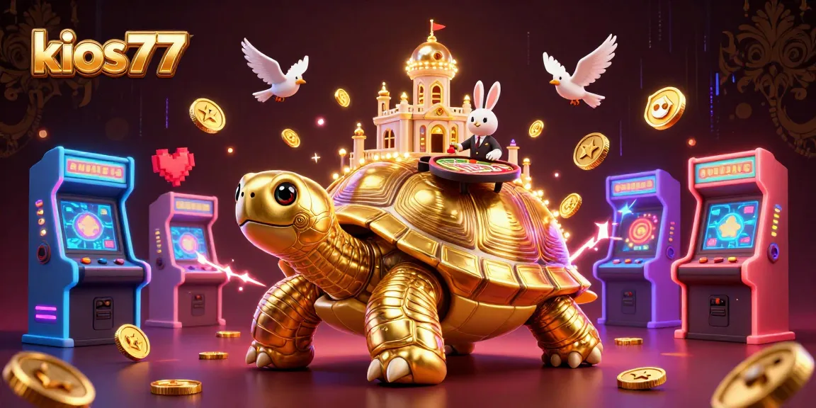 Experience kios77's colorful thrill with a giant tortoise and vibrant casino elements in a lively 3D scene.