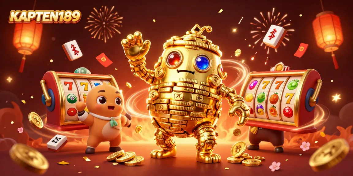 KAPTEN189 menghadirkan pengalaman slot online terbaik dengan golem emas berkilau dan simbol permainan, dikelilingi oleh elemen keberuntungan.