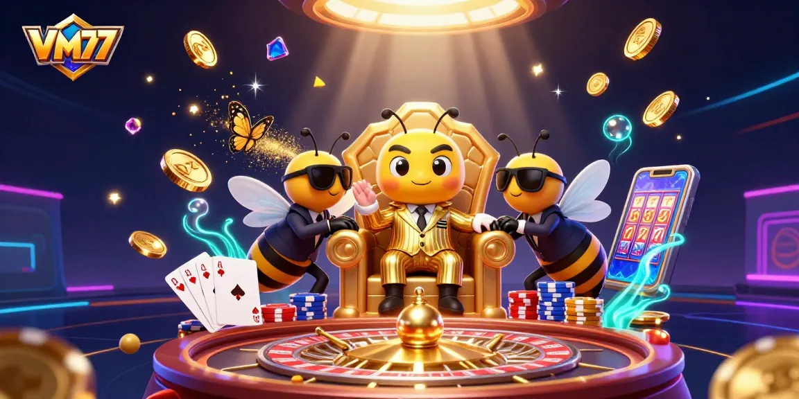 Experience thrilling gameplay with VM777 among dazzling casino elements and vibrant characters.