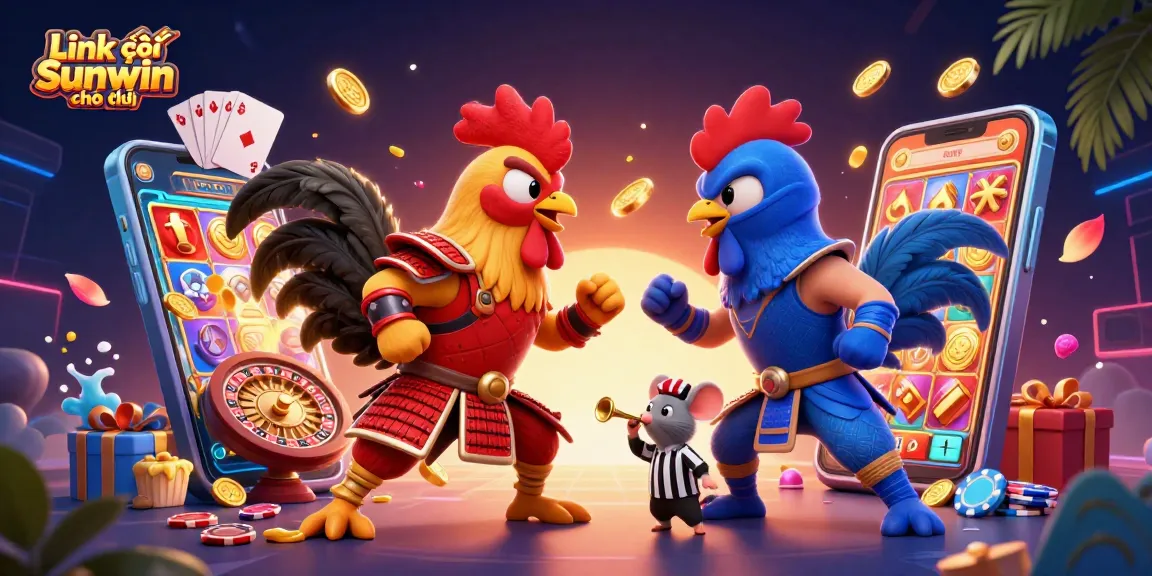 Experience thrilling gaming action with Link vào Sunwin chính thức featuring animated roosters and vibrant casino elements.