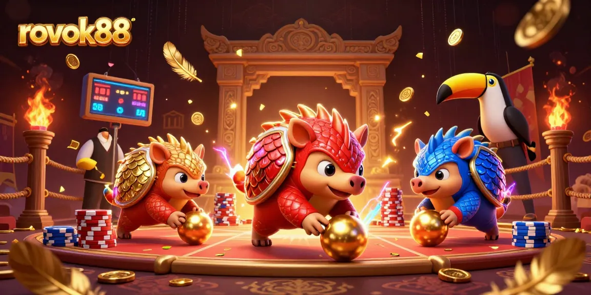 Experience rokok88 excitement as rival pangolins roll through poker chips in a vibrant casino scene.