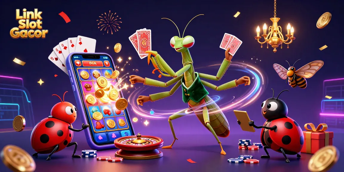 Engage with exciting Link Slot Gacor action in this vibrant casino illustration featuring a giant praying mantis and ladybug characters.