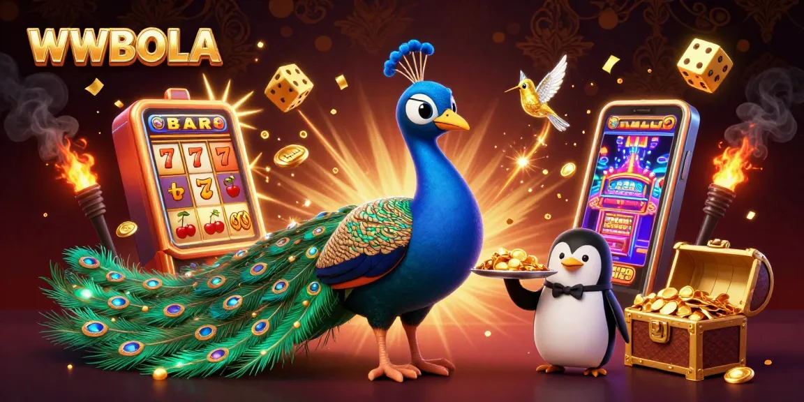 Mainkan judi slot dengan WWBOLA melalui ilustrasi 3D yang menampilkan merak, penguin, dan kolibri dalam atmosfer kasino.