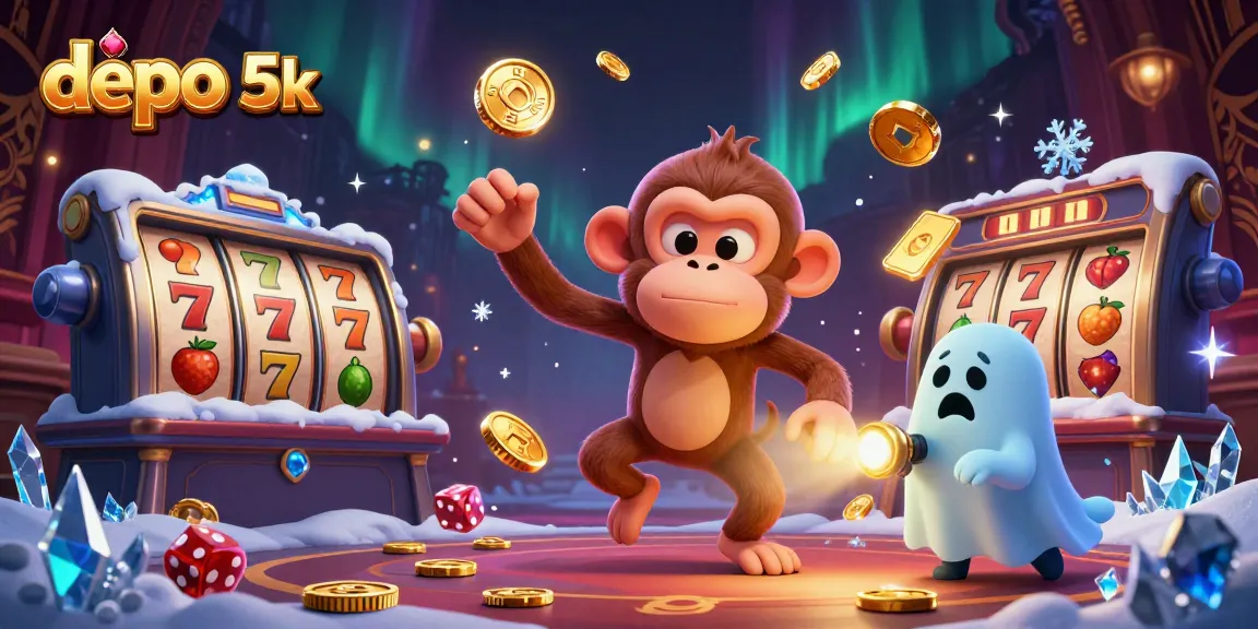 Join the excitement of depo 5k slots with a playful poltergeist juggling golden coins in a lively casino.