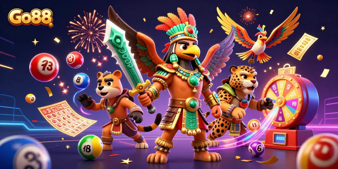 Engage with Go88 in a thrilling 3D illustration showcasing casino excitement among dynamic game elements.