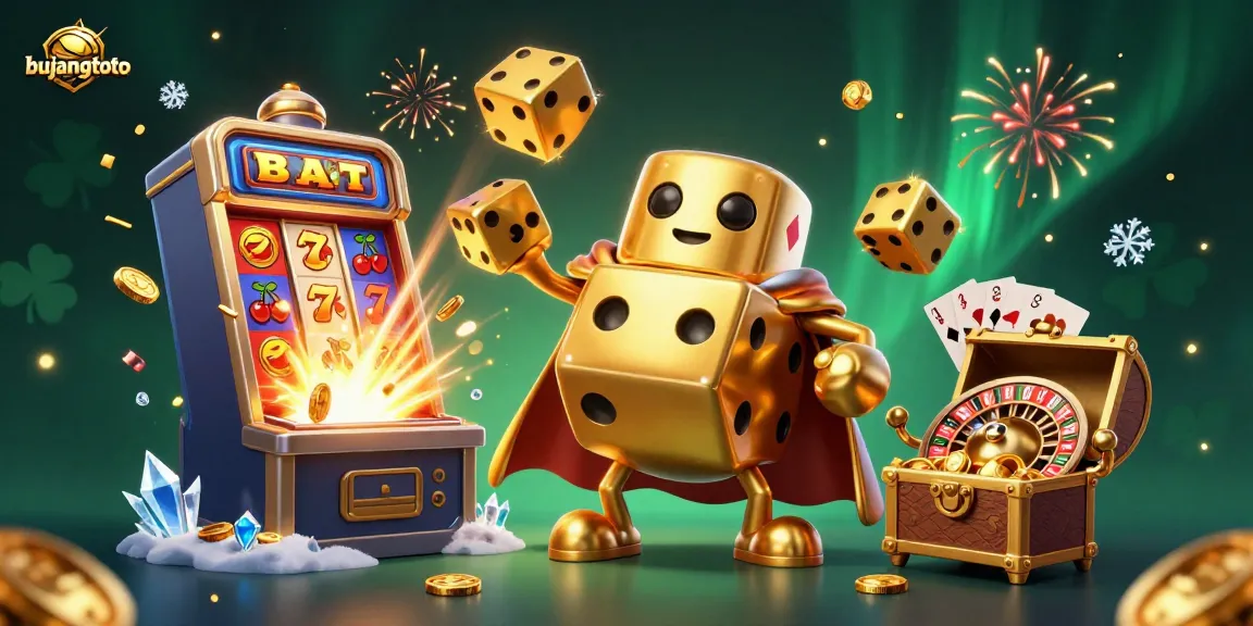 Bujangtoto menghadirkan ilustrasi kasino 3D penuh warna dengan dadu emas dan mesin slot, menampilkan pengalaman perjudian yang seru.