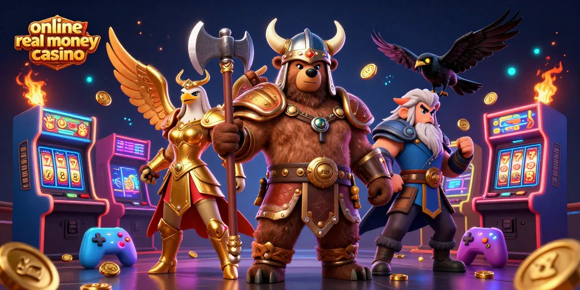 Action-packed scene showcasing an online real money casino with a Viking bear, Valkyrie eagle, and dynamic game elements.