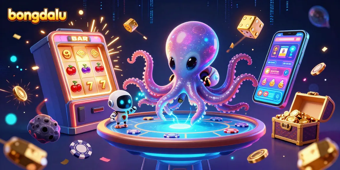 Bongdalu's alien octopus engages with a holographic poker table amidst dynamic casino elements.