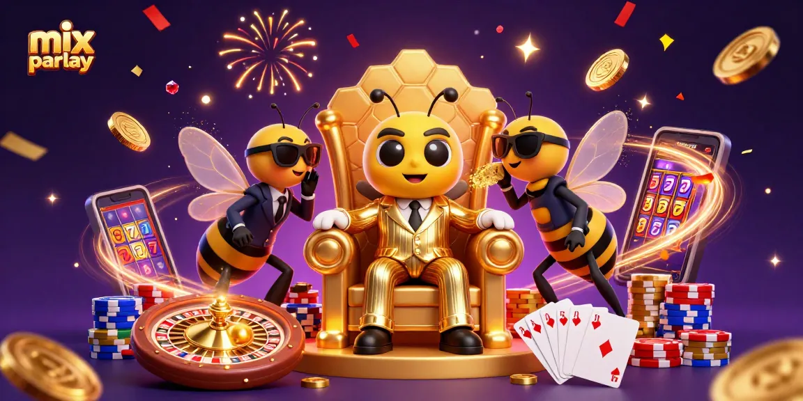 Jelajahi mix parlay dalam ilustrasi menyenangkan dengan raja lebah dan kekayaan kasino yang melimpah.