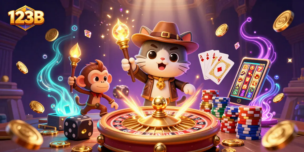 Engage in thrilling gaming at 123B, discovering treasures amidst flying coins and casino artifacts.