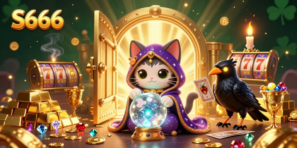 S666 showcases a vibrant casino scene with a mystical cat and raven, embodying luck with treasures and glowing gems.