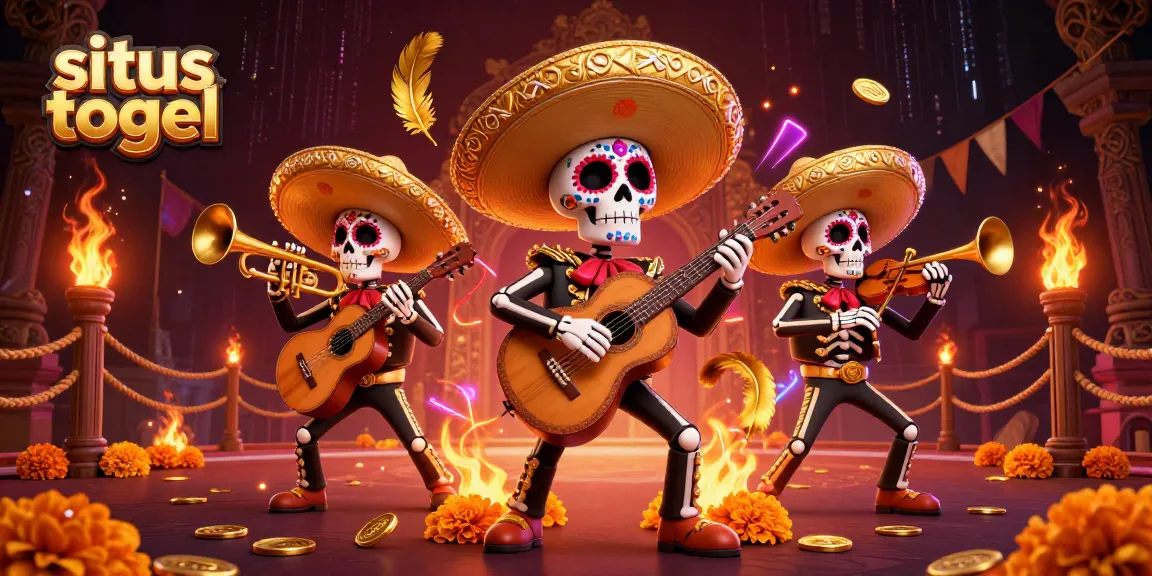 Situs togel yang menampilkan band mariachi tulang Hari Orang Mati, dengan elemen kasino yang berkilauan.