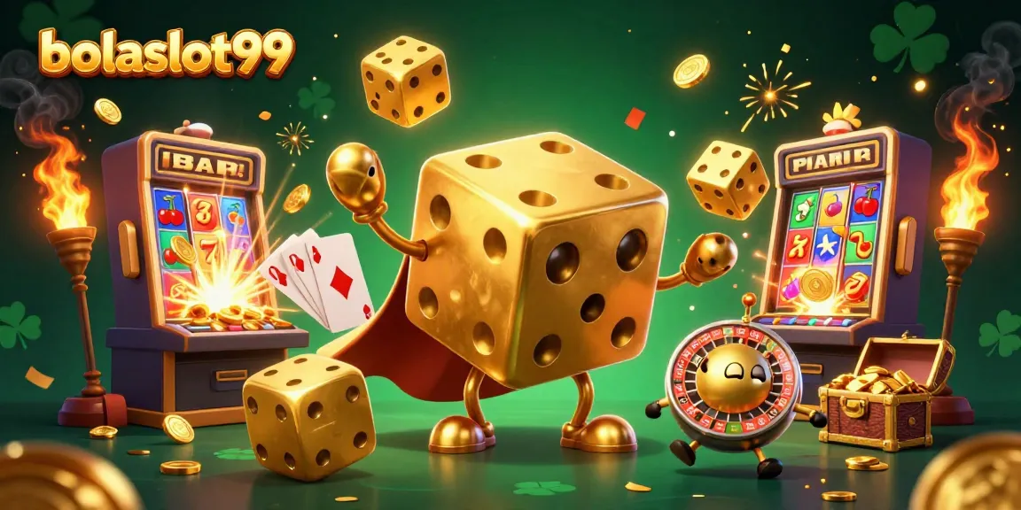 Experience the thrill of bolaslot99 with this lively illustration of a golden dice golem and slot machine.