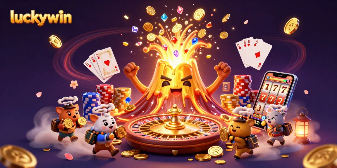 Experience the excitement of luckywin as golden treasures erupt from a victorious volcano in this vibrant casino scene.
