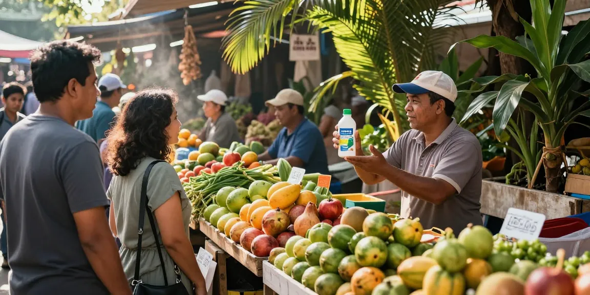 Pasar lokal Sakarya dengan penjual mempromosikan produk Leci123 yang menarik perhatian pengunjung.
