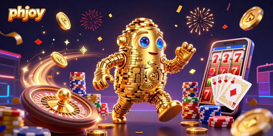Win big with phjoy in this vibrant 3D casino scene featuring a golden coin golem and festive elements.