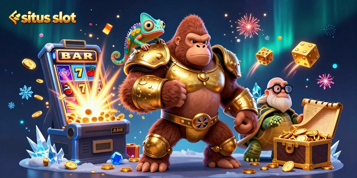 Situs slot explosion with a golden gorilla king, chameleon, and tortoise elder amidst jackpot symbols.