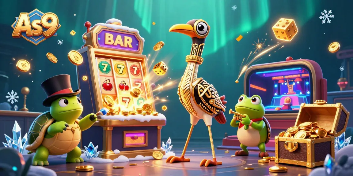 Experience the excitement of As9 with cartoon characters at a lively speakeasy casino scene filled with gaming symbols.