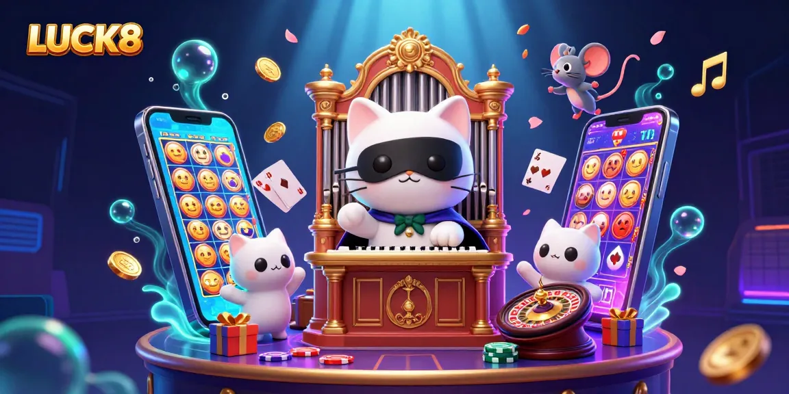 Experience the vibrant world of LUCK8 with dynamic casino elements and engaging characters in this 3D digital illustration.