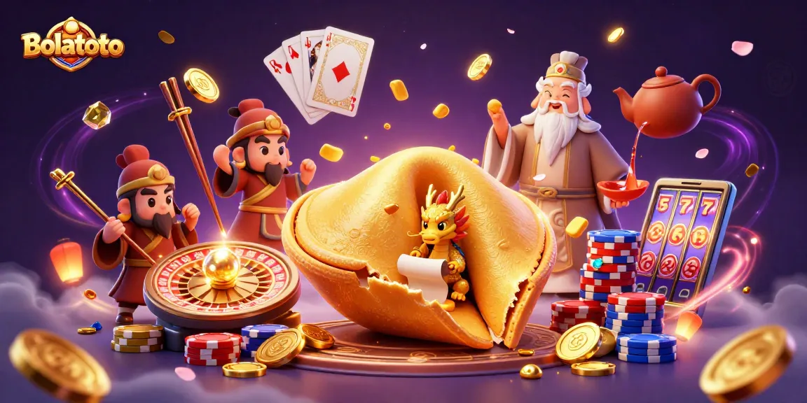 Experience Bolatoto's vibrant casino scene with a golden fortune cookie and dragons amidst flying coins and cards.