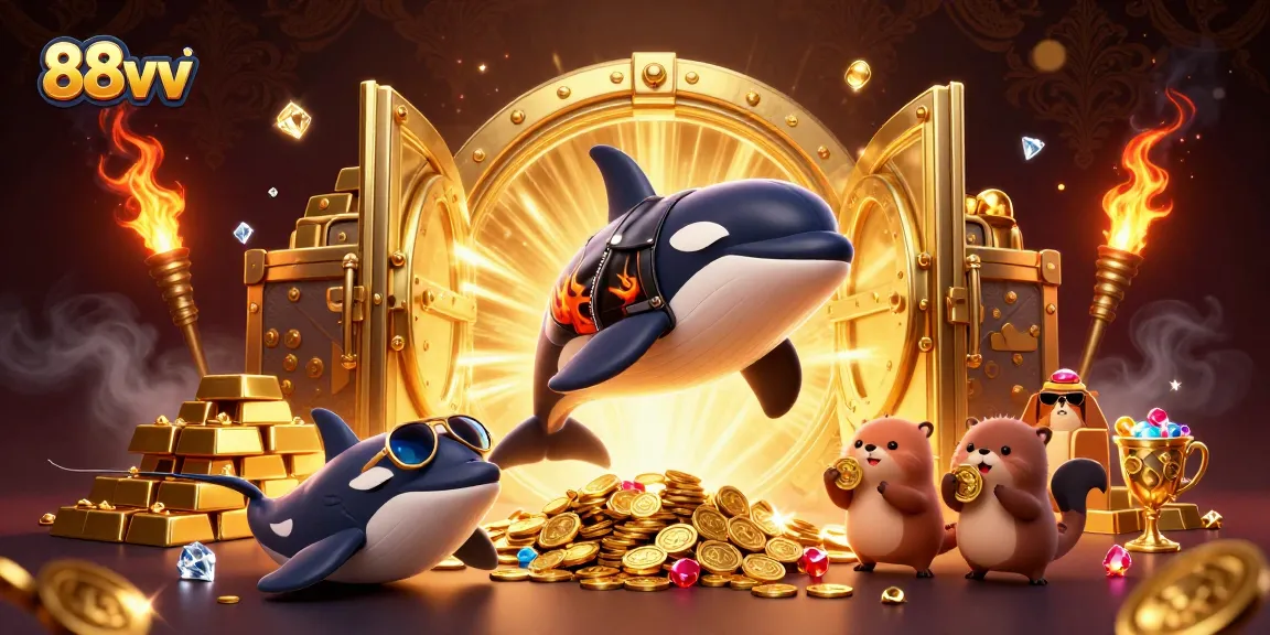 Engage in thrilling adventures with 88vv as orca and stingray explore a treasure-filled casino.