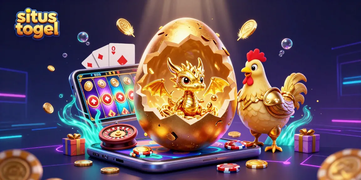 Situs togel menampilkan ilustrasi 3D dengan telur emas dan naga emas, dikelilingi elemen permainan kasino.