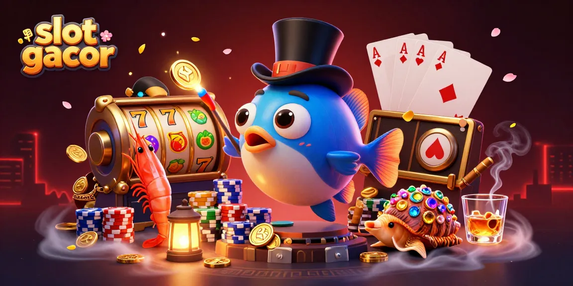 Menang besar dengan slot gacor, ilustrasi 3D penuh warna dengan karakter unik dan elemen judi yang menarik.