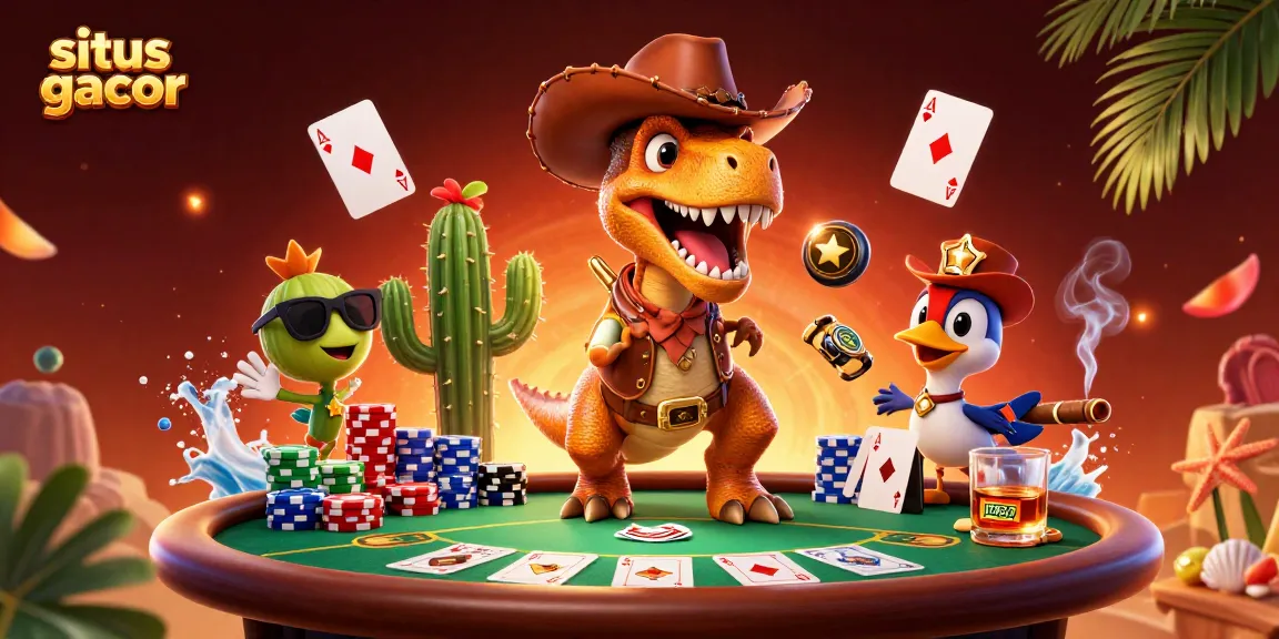 Situs gacor showcases a lively poker scene with animated characters, chips, and cards in vibrant detail.