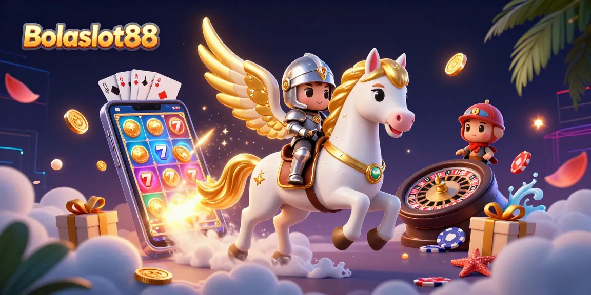 Bolaslot88 captures excitement with a celestial horse, knight, and vibrant gambling elements.