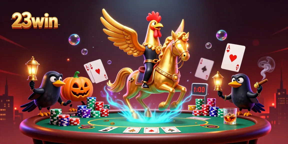Engage in thrilling poker action at 23win with a vibrant casino scene featuring a golden rooster.