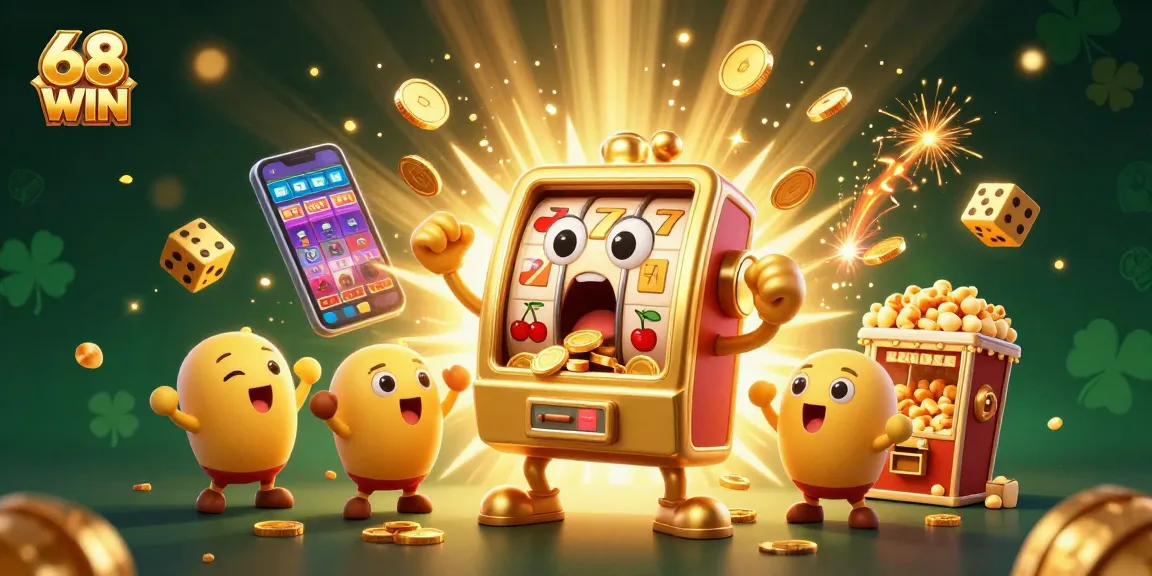 Experience the thrill of 68 WIN with the golden slot machine hitting jackpots amidst lively casino elements.